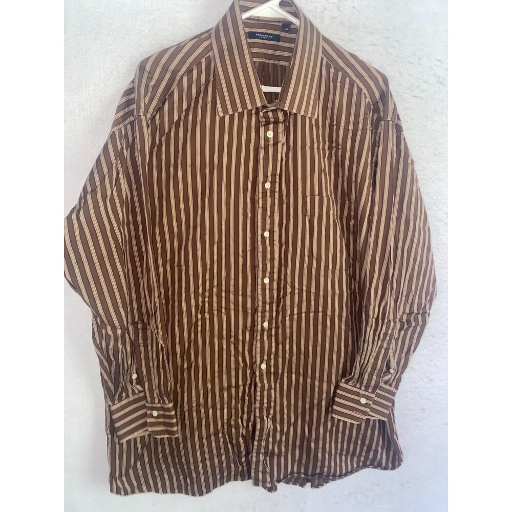 Burberry London Mens 18-R Button Up Brown Gold stripe Shirt Long Sleeve